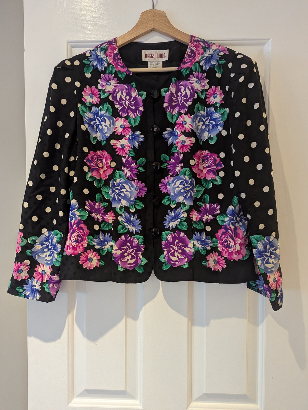 Vintage 90s Maggy London Blazer 100% Silk Floral Polka Dot Jacket Eclectic M/L